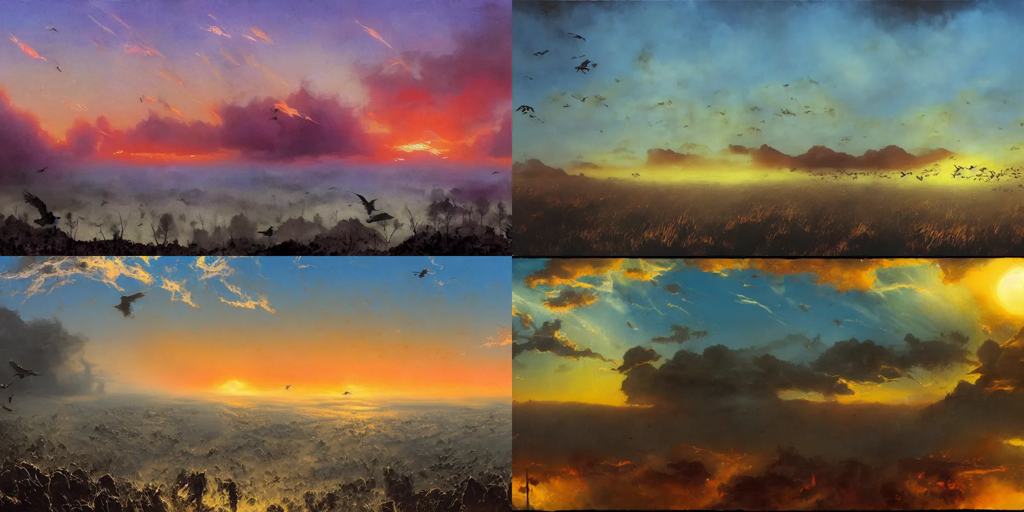 Prompt: very textured post apocalyptic panoramic cinemascope background , sunset, cyan fog , flying birds silhouettes, dramatic sky , backlight , oil painting art by frazetta