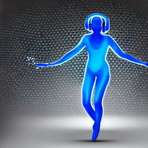 Image similar to dripping electrical blue paint across the shape of a female human body dancing and listening to music with headphones, realistic , high detail, on a clear white background