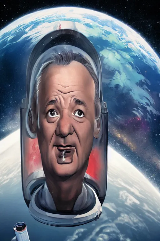 Image similar to giant Bill Murray head floating in cosmic space, space station, rockets, concept art, matte painting, detailed, intricate, concept art, artstation