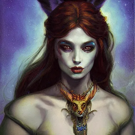 Image similar to portrait of princess of the dreamlands and moon beast, beautiful! coherent! by brom, deep colors, strong lines, high contrast