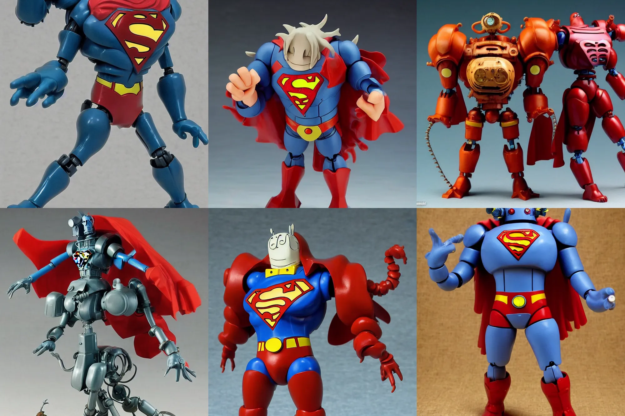 Prompt: A scary Lovecraftian giant mechanized adorable Superman from Studio Ghibli Howl's Moving Castle (2004) as a 1980's Kenner style action figure, 5 points of articulation, full body, 4k, highly detailed. award winning sci-fi. look at all that detail!