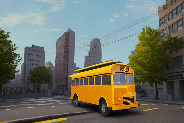 Image similar to Yellow school bus, a red japanese Torii gate, New York location in USA, atomic bomb dropping from the sky, ray tracing, high detail, 4K