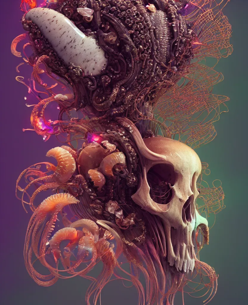 Image similar to goddess close-up portrait ram skull. jellyfish phoenix head, nautilus, orchid, skull, betta fish, bioluminiscent creatures, intricate artwork by Tooth Wu and wlop and beeple. octane render, trending on artstation, greg rutkowski very coherent symmetrical artwork. cinematic, hyper realism, high detail, octane render, 8k