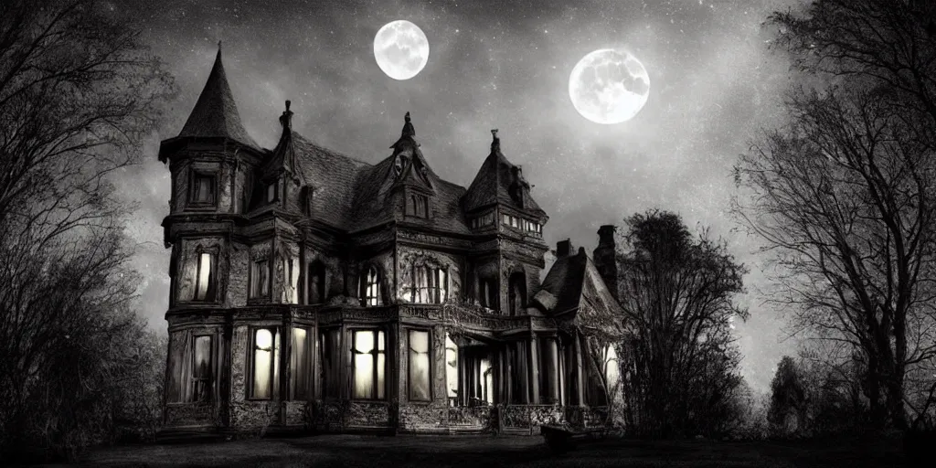 Image similar to inside a haunted mansion at night, moonlight shines through the windows, dramatic shadows, gothic