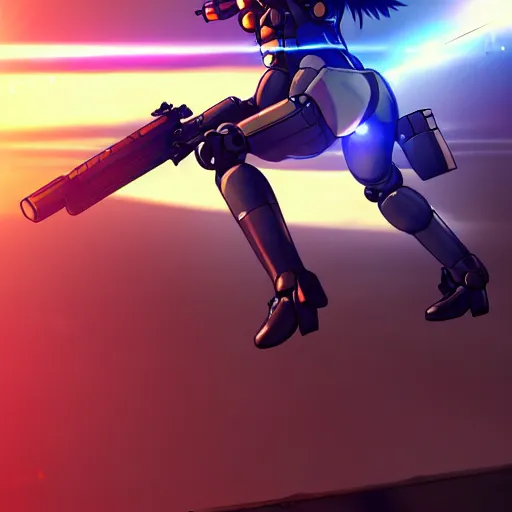 Prompt: girl in a military uniform jumping at a enemy mecha with the katana, cyberpunk anime art, full body shot, lens flare, trending on artstation, award - winning