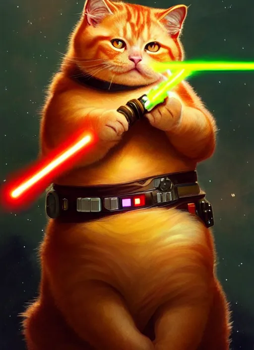 Image similar to a fat ginger cat holding a lightsaber, star wars outfit, beautiful glowing lights, sci - fi, stunning, intricate, elegant. highly detailed, digital painting. artstation. smooth. sharp focus. illustration. art by artgerm and greg rutkowski and alphonse mucha