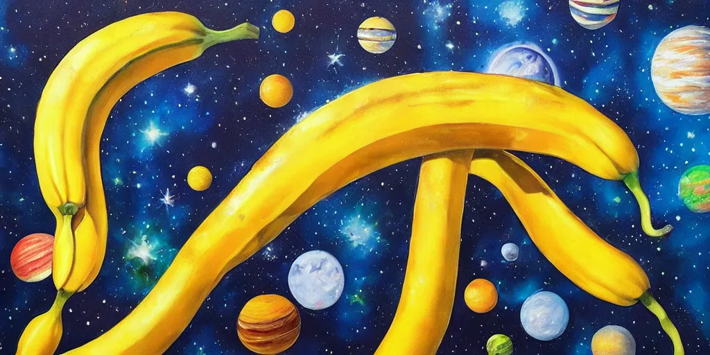 Image similar to banana hat in outer space, acrylic on canvas, breathtaking realistic, photorealistic in the style of realism