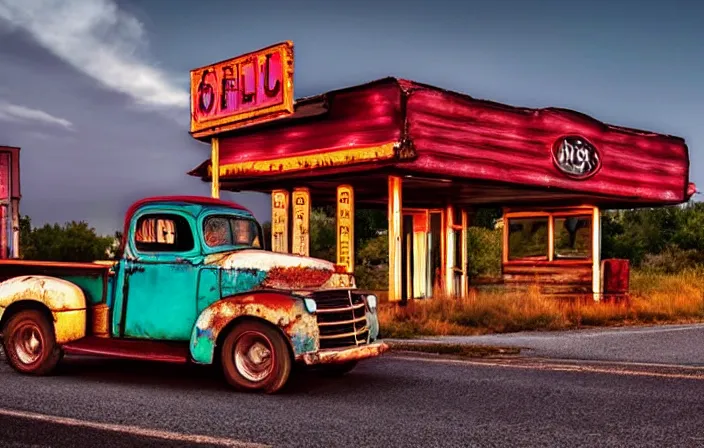 Prompt: A beautiful colorful evening scene of route66, old road with abandoned gas station and rusty old pickup truck, hyper realistic, blinding backlight evening sun, sparkling sun rays, epic scene, intense setting, evening vibe