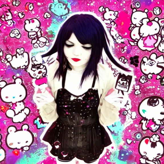 Image similar to photo of a emo manic pixie dream girl, 8k, portrait | sanrio glitchcore yokai girl, shadowverse character concept, found footage horror, glitter gif