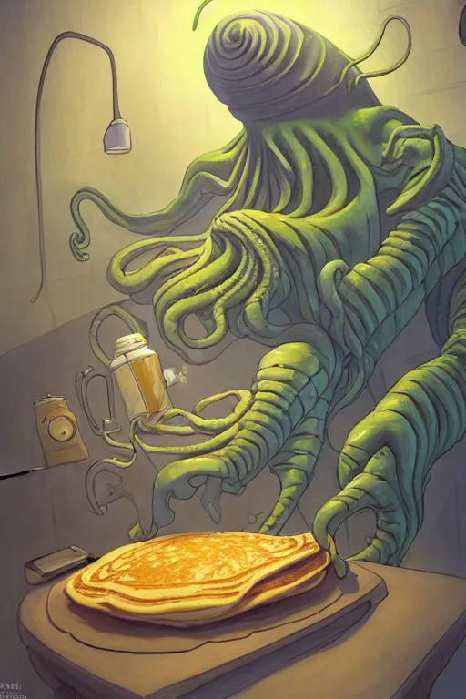 Image similar to cthulhu making pancakes, animation pixar style, by pendleton ward, magali villeneuve, artgerm, rob rey and kentaro miura style, golden ratio, trending on art station