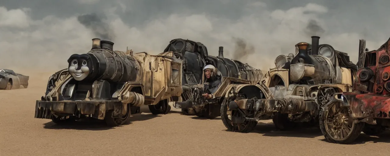 Prompt: Thomas the Tank Engine, the Batmobile and the Delorean in MAD MAX: FURY ROAD