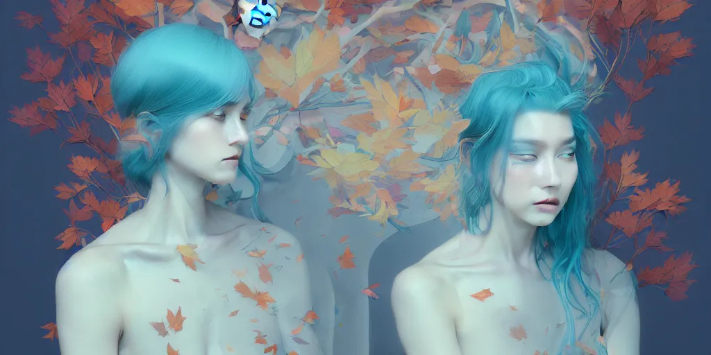 Image similar to breathtaking detailed concept art painting pattern with pastel colors of blue hair faces goddesses amalgamation autumn leaves with anxious piercing eyes, by hsiao - ron cheng and james jean, bizarre compositions, exquisite detail, 8 k