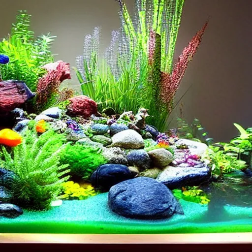 Image similar to a fish tank filled with plants and rocks, a computer rendering by jeff koons, pinterest, ecological art, diorama, made of flowers, vivid colors