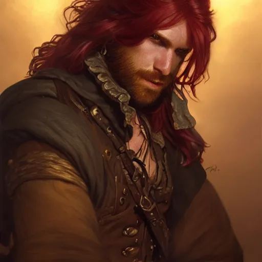 Image similar to portrait of a young pirate, 30 years old, male, ruggedly handsome, masculine, upper body, red hair, long hair, D&D, fantasy, intricate, elegant, highly detailed, cinematic lighting, digital painting, artstation, concept art, cutscene, sharp focus, illustration, art by Artgerm and Greg Rutkowski and Alphonse Mucha