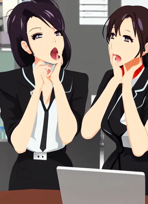 Image similar to two beautiful office ladies talking at work, gorgeous faces, thick lines, cinematic lighting, detailed anime art