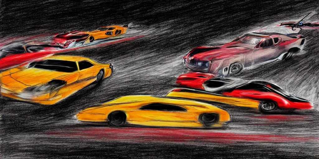 Prompt: a drawing of two cars drag racing in the middle of the night, realism, intense,