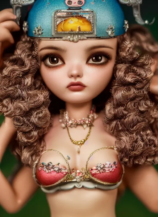 Image similar to closeup portrait of tin toy fairytale princess bikini, depth of field, zeiss lens, detailed, symmetrical, centered, fashion photoshoot, by nicoletta ceccoli, mark ryden, lostfish, breathtaking, 8 k resolution, extremely detailed, beautiful, establishing shot, artistic, hyperrealistic, octane render