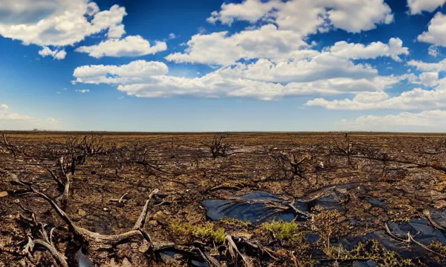 Prompt: beautiful panorama of many magnificent big raindrops flying upwards into the perfect cloudless blue sky from a dried up river in a desolate land, dead trees, blue sky, hot and sunny highly-detailed, elegant, dramatic lighting, artstation, 4k, cinematic landscape, masterpiece photograph by Elisabeth Gadd