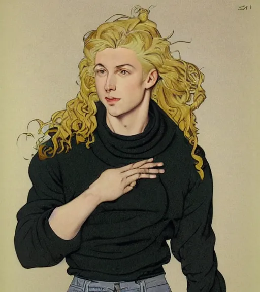 Image similar to clean cel shaded art of a pale androgynous blond young man Lucius, long fluffy curly blond hair, light platinum long blond hair, wearing a black turtleneck sweater, Alexandre Cabanel, norman rockwell, peter paul rubens, maler collier, frank frazetta, alphonse mucha, gustav klimt 4k, unreal 5, DAZ, french noveau, trending on artstation, octane render, hyperrealistic