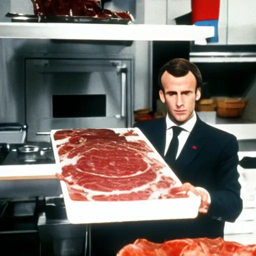 Image similar to Emmanuel Macron cooking fresh bloody meat in American Psycho (1999)