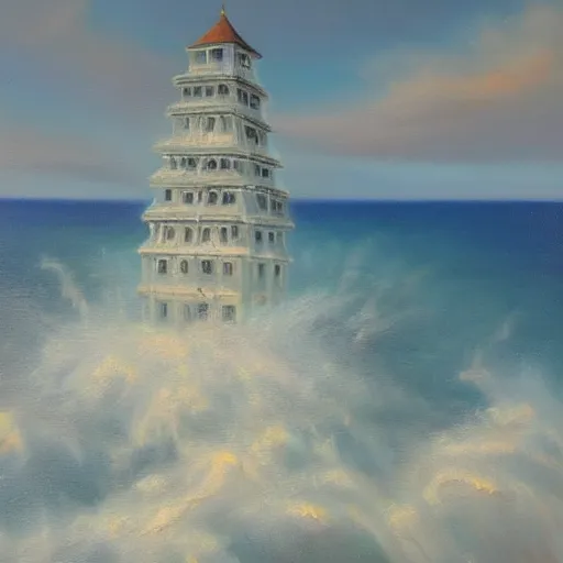 Image similar to highly detailed oil painting art of an ethereal tower rising from the ocean