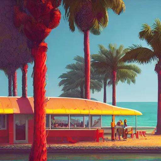 Image similar to inside seaside diner with palm trees by simon stalenhag