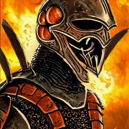 Prompt: armored knight, skull helmet with flaming eyes, pulpy fantasy illustration