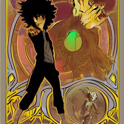 Image similar to concept art, silhouette of Spike Spiegel in front of Ganymede in the style of Alphonse Mucha and Hiroya Oku, 4k, artstation,