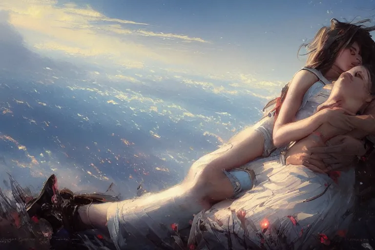 Prompt: a amazing picture of a girl lies in another's arms, sky, by greg rutkowski and thomas kinkade, trending on artstation