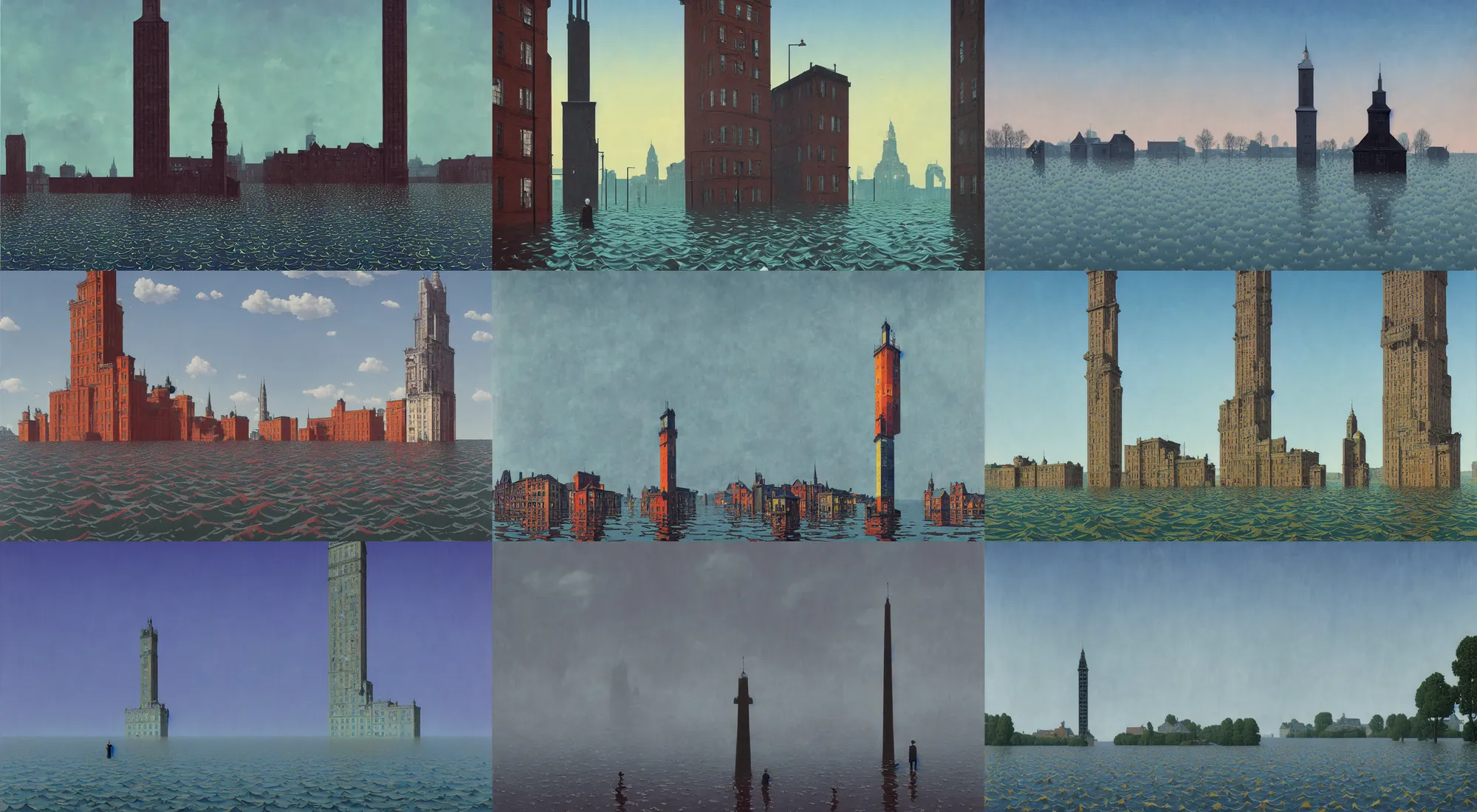 Prompt: a high contrast!!! painting of a flooded ultradetailed photorealistic single tower by rene magritte simon stalenhag norman rockwell, full-length view, vibrant colors, symmetry, great composition, high detail, cinematic lighting, award winning masterpiece, trending on artstation