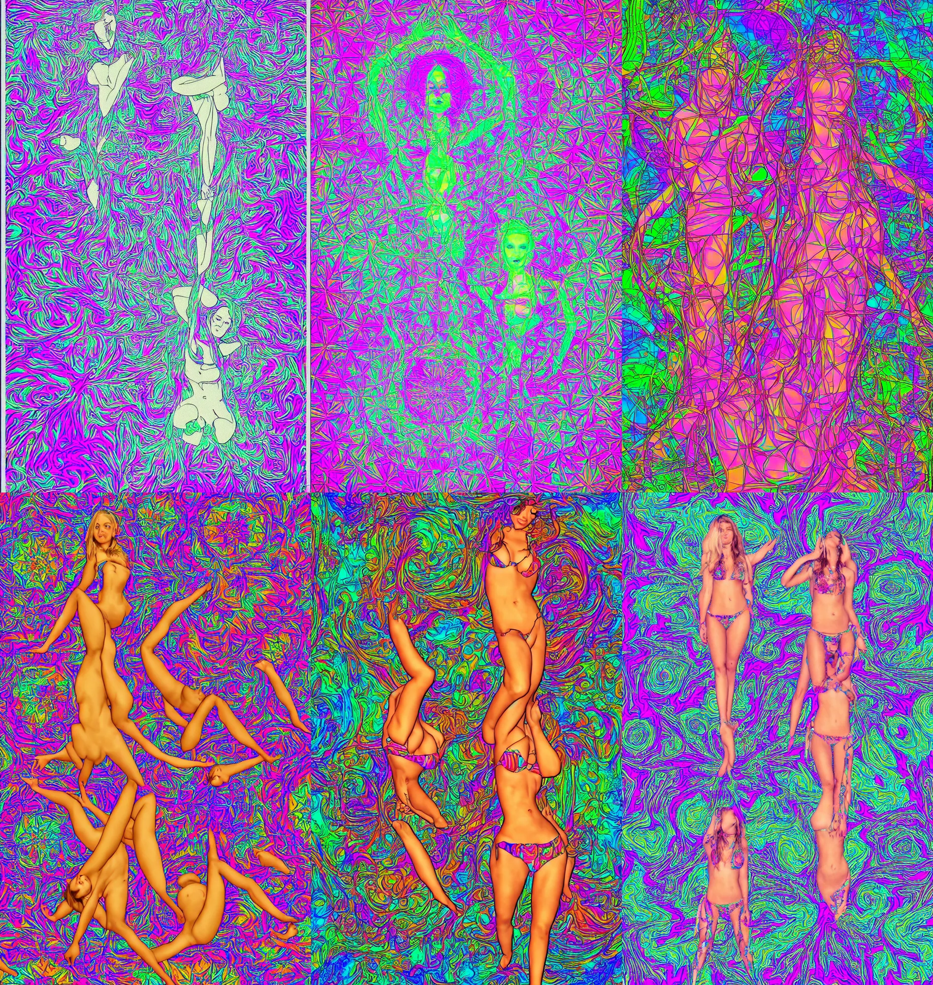 Prompt: pretty girl in bikini over sacred geometry psychedelic hallucination