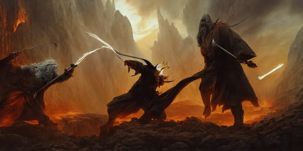 Image similar to Fight between Gandalf and the Balrog in the evening, detailed matte painting, cinematic, Alan Lee, Artstation