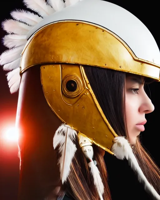 Prompt: centered medium shot fine studio photograph of a beautiful girl wearing only a mecha electronic native American indian helmet with bright lights, ultra-realistic, white background, 8k HDR sunset lit, intricate