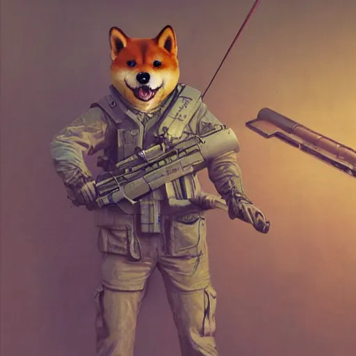 Image similar to anthropomorphic shiba inu, holding sniper riffle, science fiction, cementary, scifi, 3 d render, masterpiece, red aura, by donato giancola and greg rutkowski and wayne barlow and zdzisław beksinski, realistic face