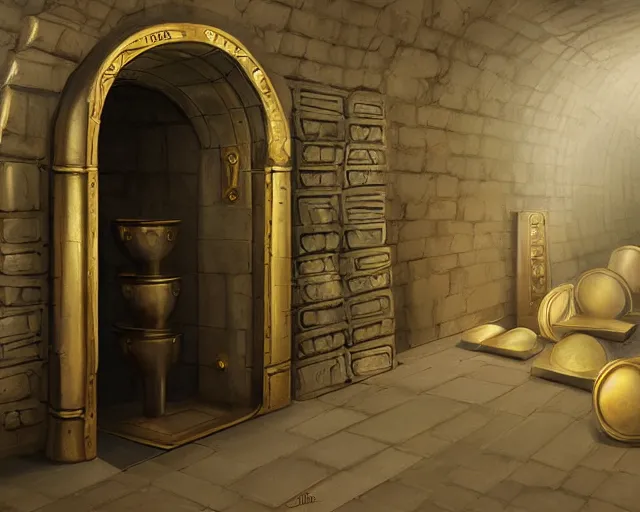 Image similar to a bank vault for gold ingots in the style of ancient sumeria, art by charlie bowater