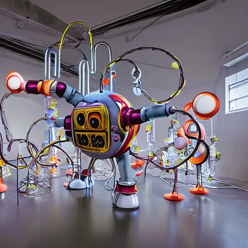 Image similar to pictoplasma, pictoplasma, A propaganda, plastic simple funny mechanical mechabot characterdesign toy sculpture made from chrome wires and tubes by moebius, by david lachapelle, by angus mckie, by rhads, by jeff koons, in an empty studio hollow, c4d