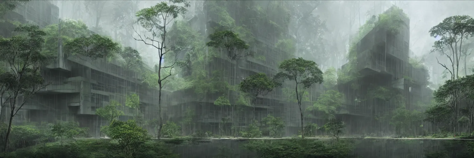 Image similar to brutalist architecture inspired by louis kahn deep in the rainforest. nature is taking over. matte painting. concept art. color scheme dark green and dark yellow. mist. cinematic.