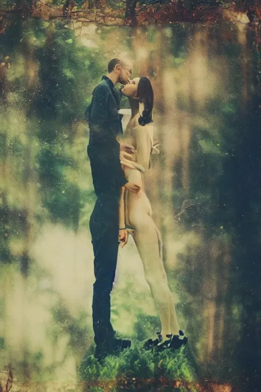 Prompt: film double exposure, a man and a woman kissing in nature, polaroid photo by oleg oprisco, featured on unsplash, romanticism, movie still, uhd image, matte photo, multiple exposure photograph