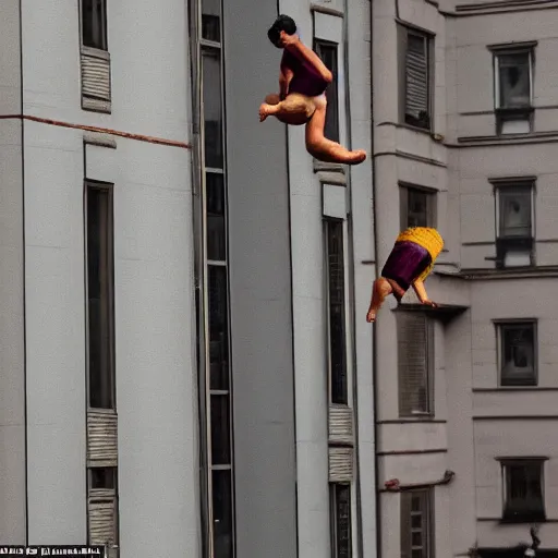 Image similar to some dwarfs are making some backward somersault from a balcony, photography