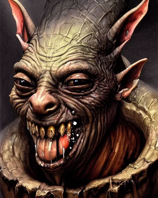 Image similar to closeup profile face portrait of a medieval goblin eating cakes in the cathedral, beautiful face, hyper realistic, highly detailed, digital painting, artstation, illustration, concept art by hyung tae, frank frazetta, bosch, giger, digital paint, matte paint, washed colors, dark, gloomy, detailed and intricate environment