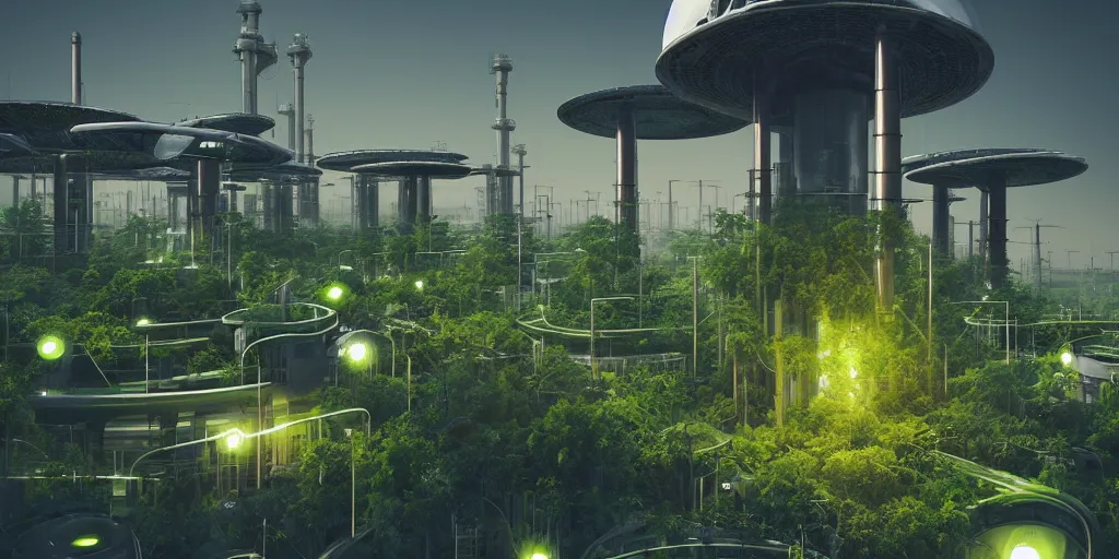 Image similar to giant solarpunk power station, sci - fi, plants, greenery, digital art by beeple