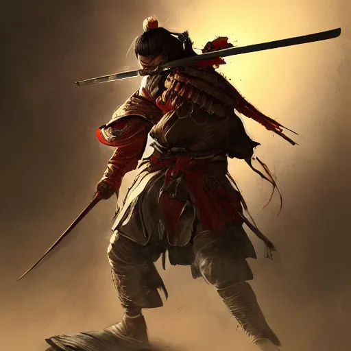 Image similar to Portrait of Sickly diseased dying Samurai warrior wielding a katana, by Feng Zhu, highly detailed, excellent composition, cinematic concept art, dramatic lighting, trending on ArtStation