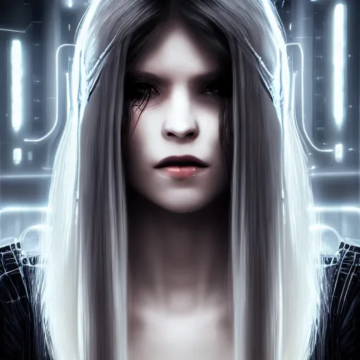 Image similar to portrait of a future cyberpunk character, beautiful female, high fashion, long white hair, stunning face, dark background and dramatic lighting, ultra detail