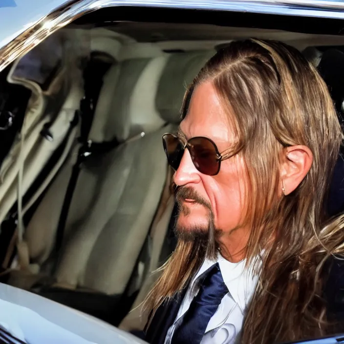 Image similar to highly detailed photograph of kid rock wearing a dress while driving in a limo with putin, movie still, 8 k,