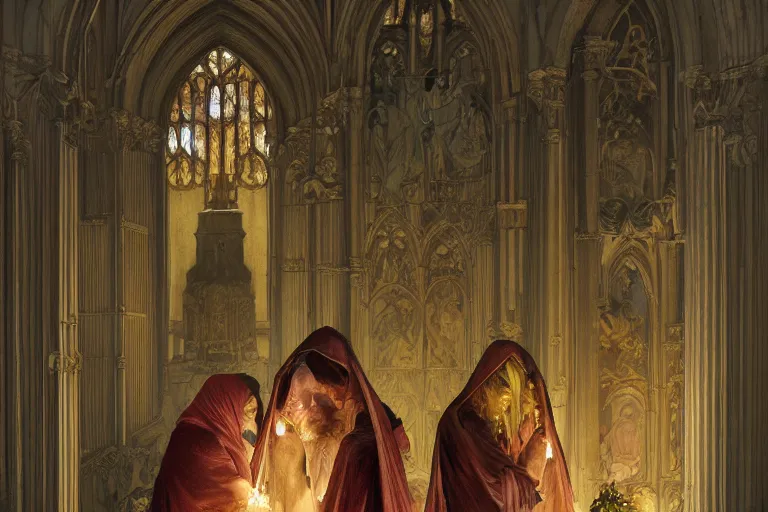 Image similar to inside the sepulchre, dark scene, light coming in from the left, steps leading down, 3 marys crouching in colored robes at the tomb | medium close | fibonacci composition, by artgerm, greg rutkowski, paul bagshaw, alphonse mucha