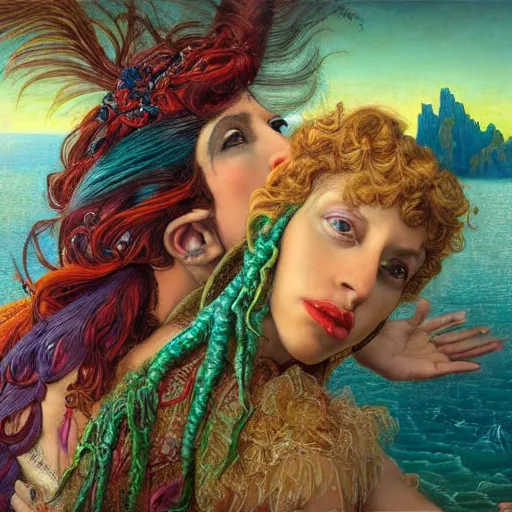 Image similar to photo realistic, hyper realism, lady gaga artpop act ii album, intricate detail, hyper detail, gaston bussiere, sandro botticelli style, with neon aqua rapunzel dreadlocks, detailed, masterpiece, sharp focus,