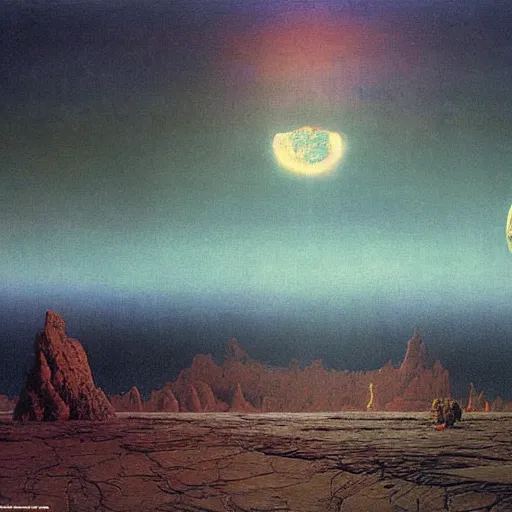 Image similar to an epic fantastic realism matte painting of a hallucinogenic alien planet's landscape under arctic moonlight by zdzisław beksinski by roger dean by john atkinson grimshaw