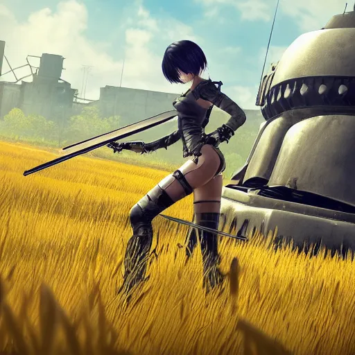 Image similar to a high resolution very detailed image of a 2 in russian tank boss fight from nier : automata in yellow rye field under pure blue skies