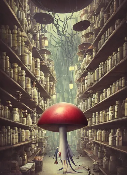 Prompt: a lively and whimsical dark apothecary, cinematic framing, where chrome robots shop grows from the stalk of a giant mushroom, cgsociety, siggraph, dystopian scifi, concept art, set design, oleg oprisco, conrad roset, anka zhuravleva, gediminas pranckevicius, cornell, kawasaki