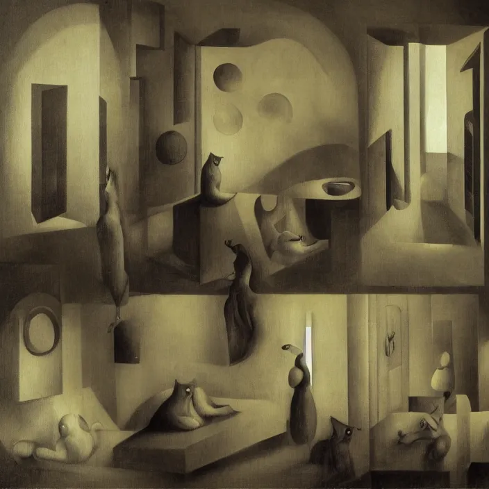 Image similar to group of creatures with distinct personalities, in an urban hotel room, close - up of the faces : : surreal architecture, chiaroscuro lighting, mysterious atmosphere : : oil painting by leonora carrington, hieronymus bosch and edward hopper, ultra - detailed technical precision : : matte painting, high definition, octane render, unreal engine, 8 k